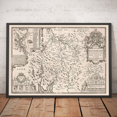 Alte monochrome Karte von Westmorland, 1611 von John Speed - Lake District, Cumbria, Kendal, Windermere, Grasmere 