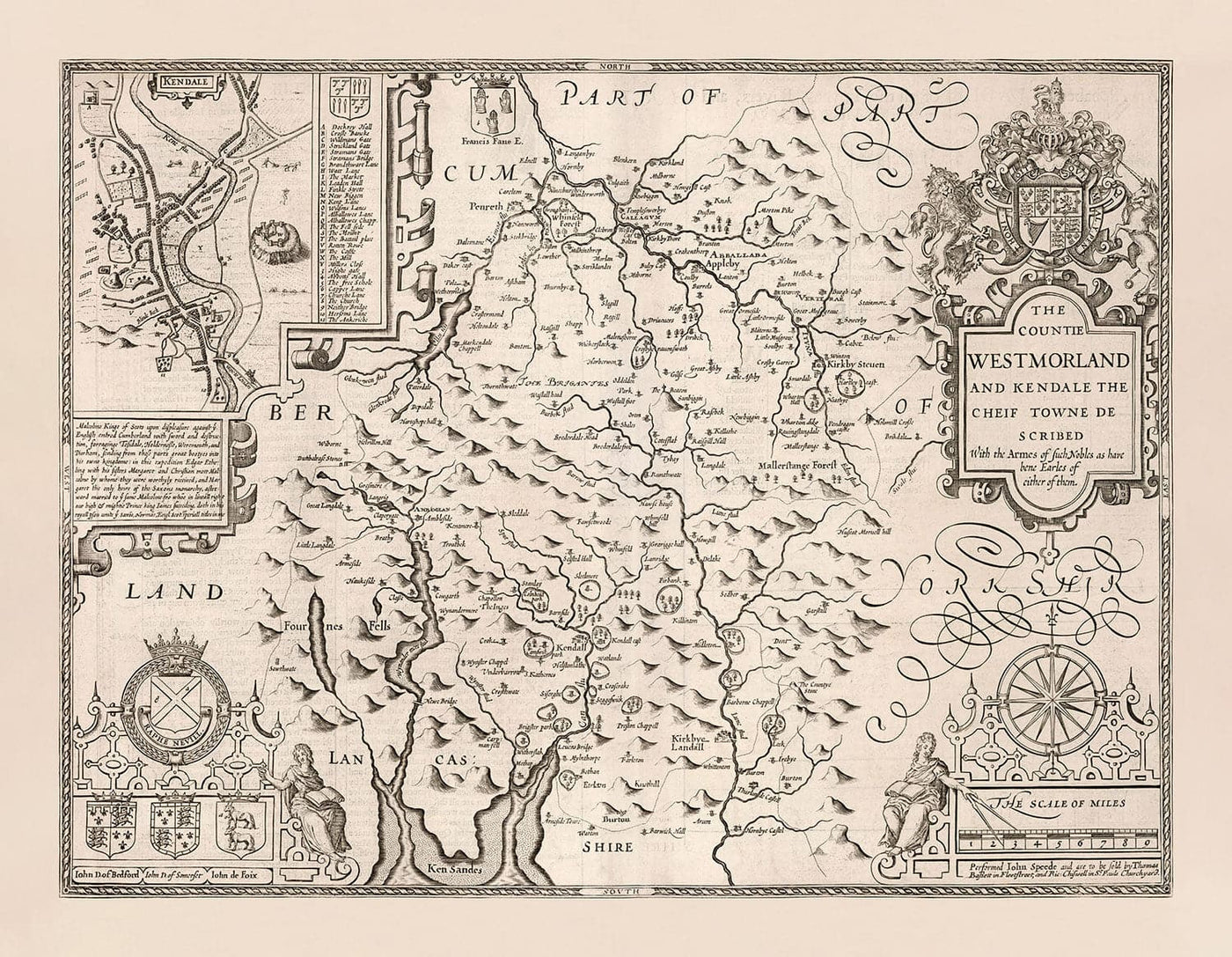 Alte monochrome Karte von Westmorland, 1611 von John Speed - Lake District, Cumbria, Kendal, Windermere, Grasmere 