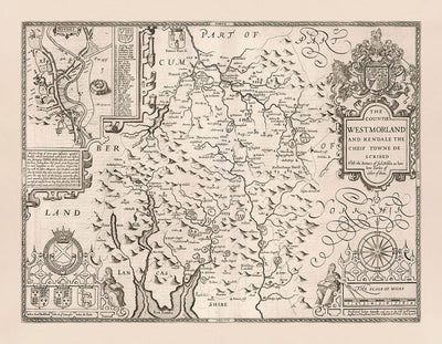 Alte monochrome Karte von Westmorland, 1611 von John Speed - Lake District, Cumbria, Kendal, Windermere, Grasmere 