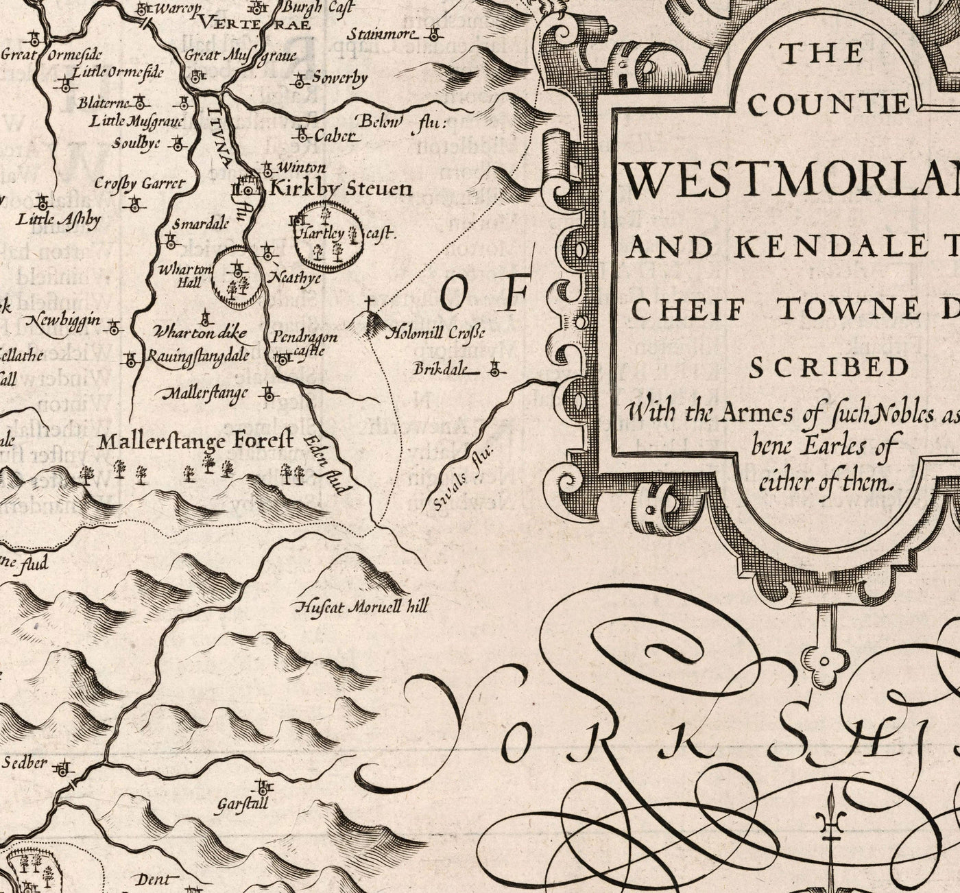 Alte monochrome Karte von Westmorland, 1611 von John Speed - Lake District, Cumbria, Kendal, Windermere, Grasmere 