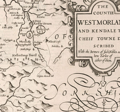 Alte monochrome Karte von Westmorland, 1611 von John Speed - Lake District, Cumbria, Kendal, Windermere, Grasmere 