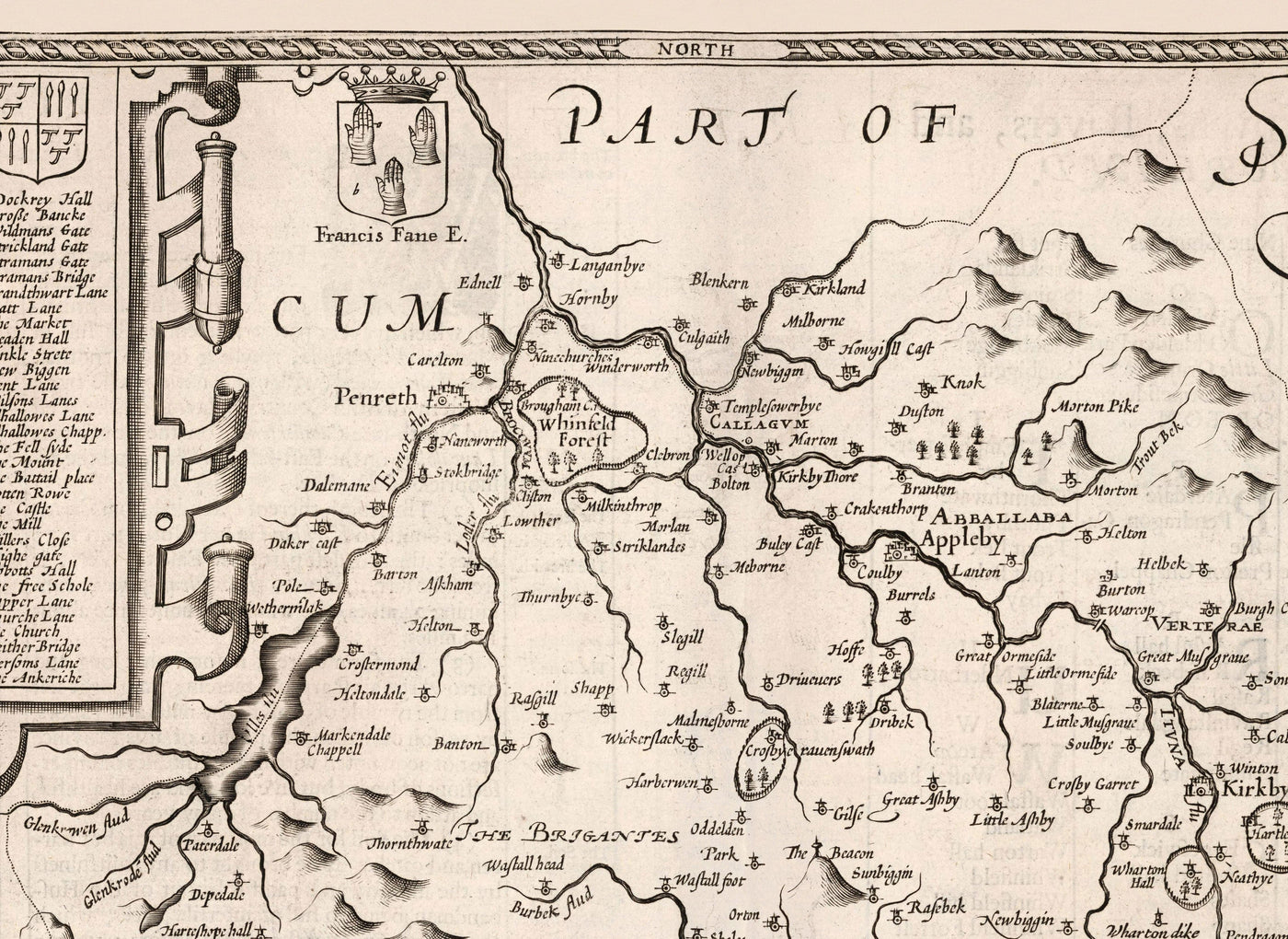 Alte monochrome Karte von Westmorland, 1611 von John Speed - Lake District, Cumbria, Kendal, Windermere, Grasmere 