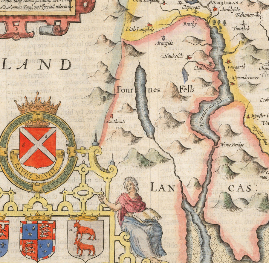 Ancienne carte de Westmorland, 1611 par John Speed ​​- Lac District, Cumbria, Kendal, Windermere, Grasmère