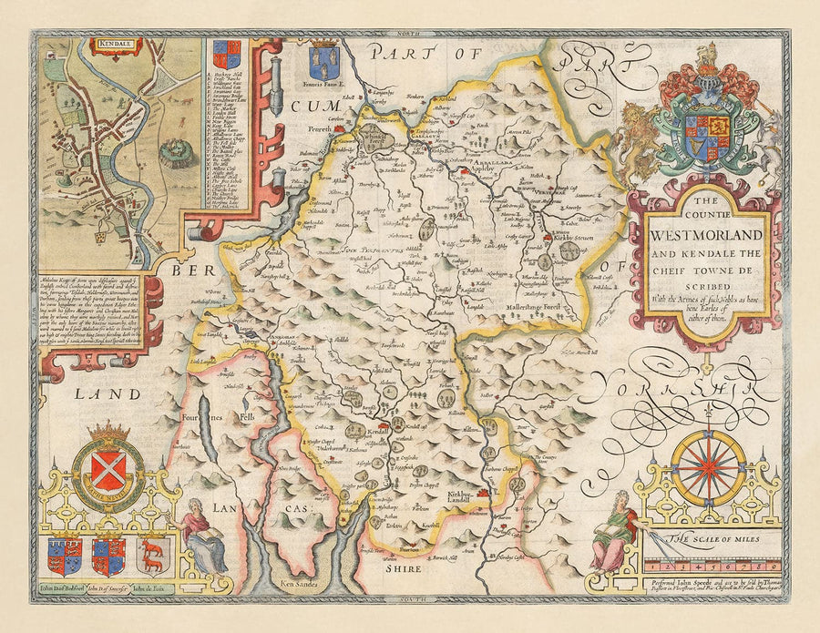 Ancienne carte de Westmorland, 1611 par John Speed ​​- Lac District, Cumbria, Kendal, Windermere, Grasmère