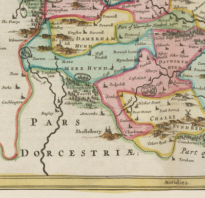 Alte Karte von Wiltshire im Jahr 1665 von Joan Blaeu - Salisbury, Stonehenge, Swindon, Trowbridge, Chippenham, Melksham 