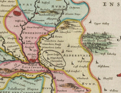 Alte Karte von Wiltshire im Jahr 1665 von Joan Blaeu - Salisbury, Stonehenge, Swindon, Trowbridge, Chippenham, Melksham 