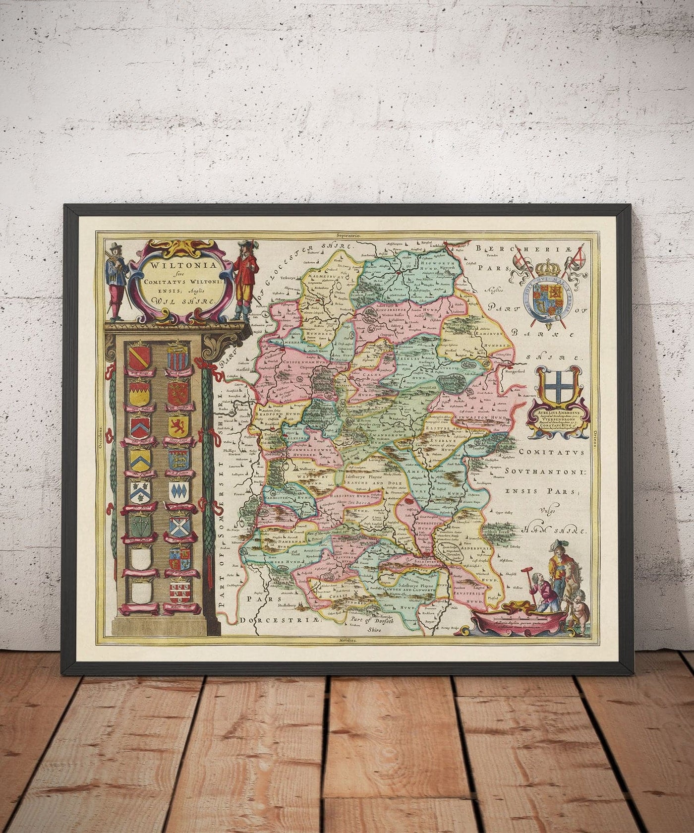 Alte Karte von Wiltshire im Jahr 1665 von Joan Blaeu - Salisbury, Stonehenge, Swindon, Trowbridge, Chippenham, Melksham 