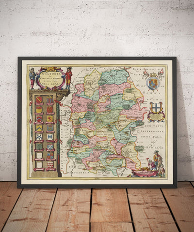 Alte Karte von Wiltshire im Jahr 1665 von Joan Blaeu - Salisbury, Stonehenge, Swindon, Trowbridge, Chippenham, Melksham 