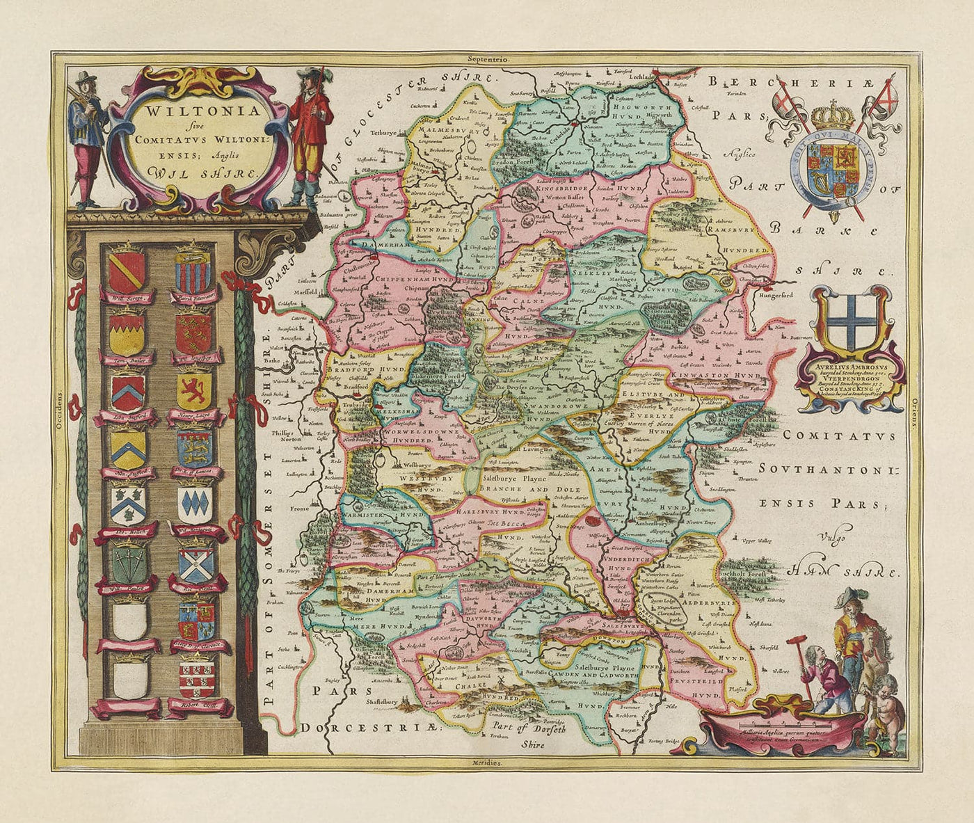 Alte Karte von Wiltshire im Jahr 1665 von Joan Blaeu - Salisbury, Stonehenge, Swindon, Trowbridge, Chippenham, Melksham 