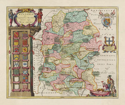 Alte Karte von Wiltshire im Jahr 1665 von Joan Blaeu - Salisbury, Stonehenge, Swindon, Trowbridge, Chippenham, Melksham 