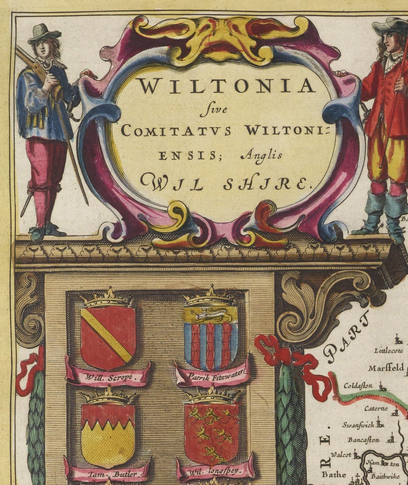 Alte Karte von Wiltshire im Jahr 1665 von Joan Blaeu - Salisbury, Stonehenge, Swindon, Trowbridge, Chippenham, Melksham 