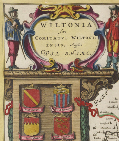 Alte Karte von Wiltshire im Jahr 1665 von Joan Blaeu - Salisbury, Stonehenge, Swindon, Trowbridge, Chippenham, Melksham 