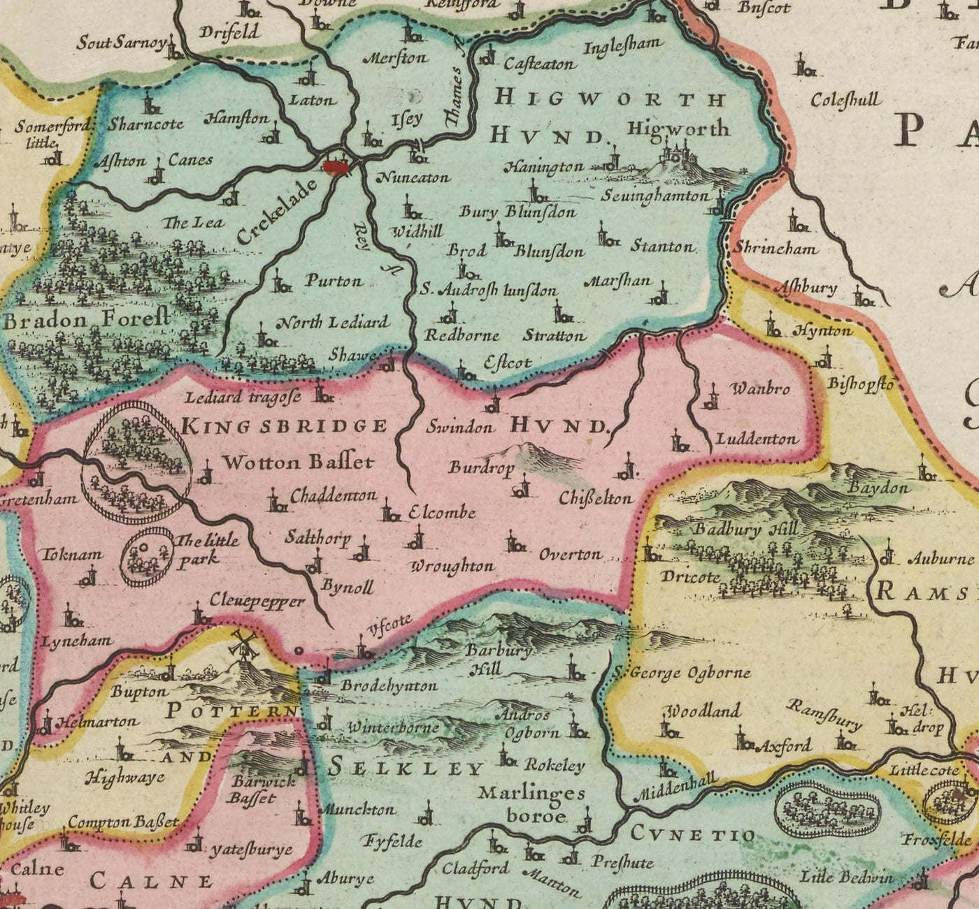 Alte Karte von Wiltshire im Jahr 1665 von Joan Blaeu - Salisbury, Stonehenge, Swindon, Trowbridge, Chippenham, Melksham 