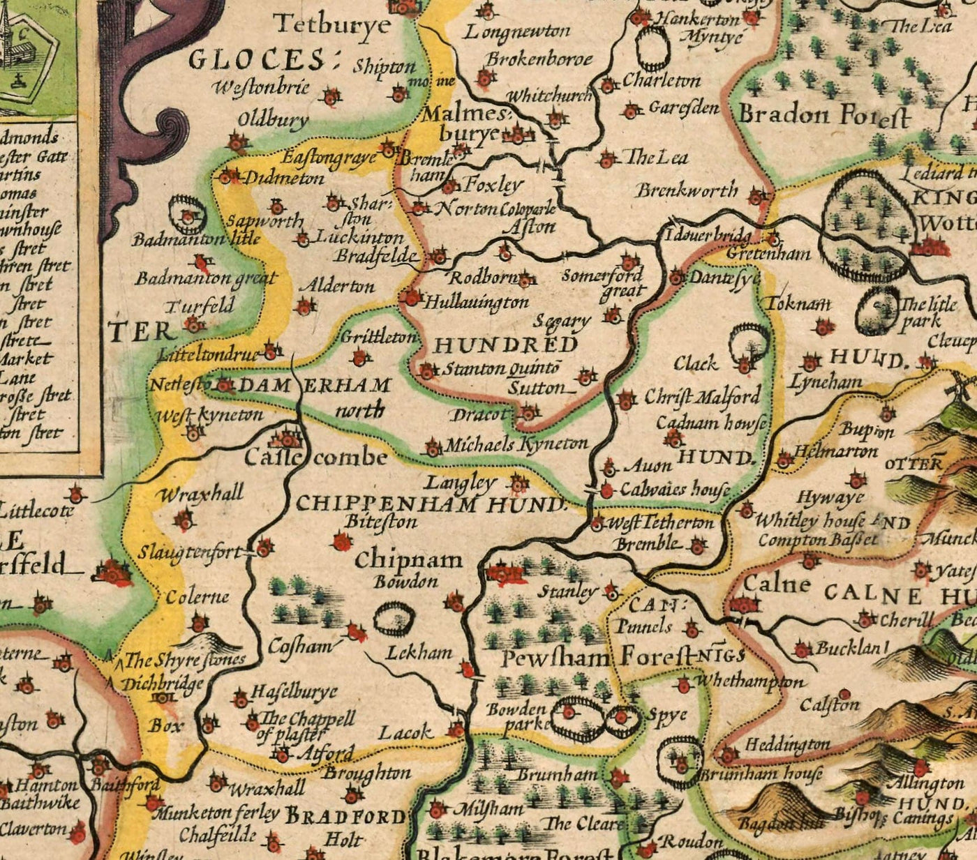 Ancienne carte de Wiltshire en 1611 par John Speed ​​- Salisbury, Stonehenge, Swindon, Trowbridge