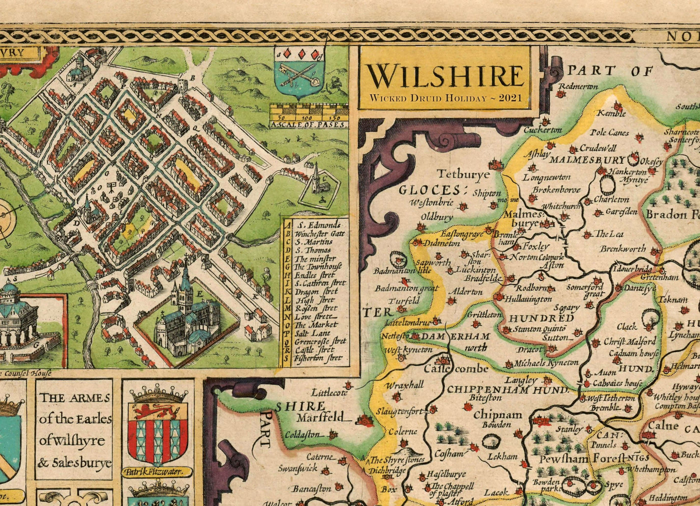 Ancienne carte de Wiltshire en 1611 par John Speed ​​- Salisbury, Stonehenge, Swindon, Trowbridge