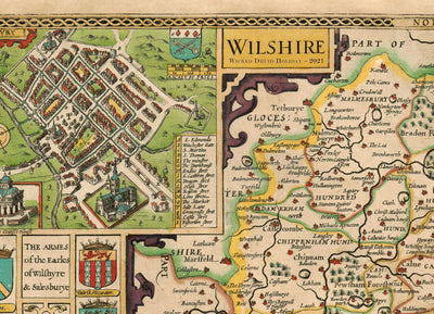 Ancienne carte de Wiltshire en 1611 par John Speed ​​- Salisbury, Stonehenge, Swindon, Trowbridge