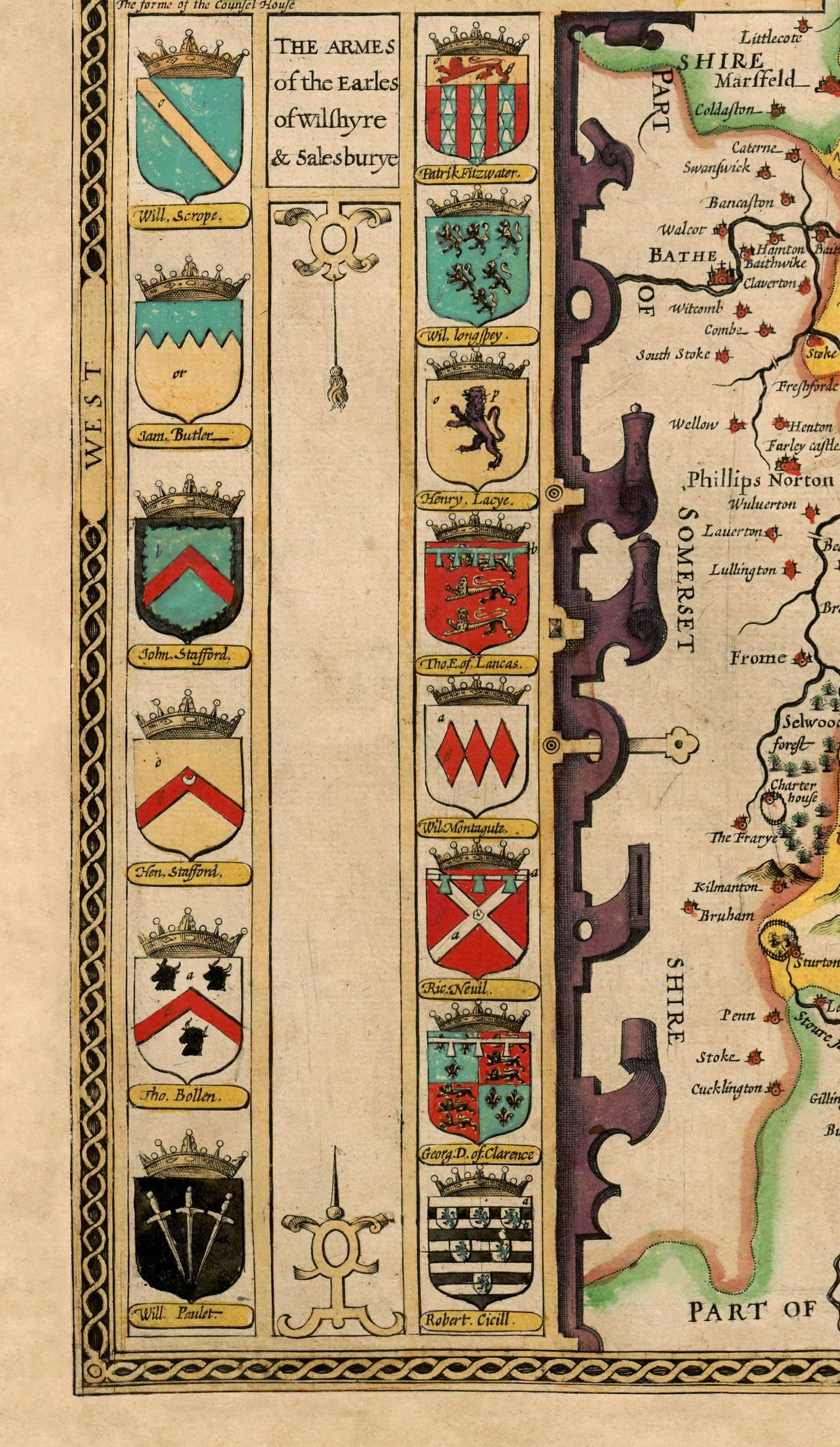 Ancienne carte de Wiltshire en 1611 par John Speed ​​- Salisbury, Stonehenge, Swindon, Trowbridge