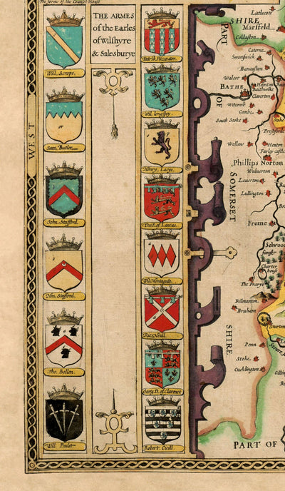 Ancienne carte de Wiltshire en 1611 par John Speed ​​- Salisbury, Stonehenge, Swindon, Trowbridge