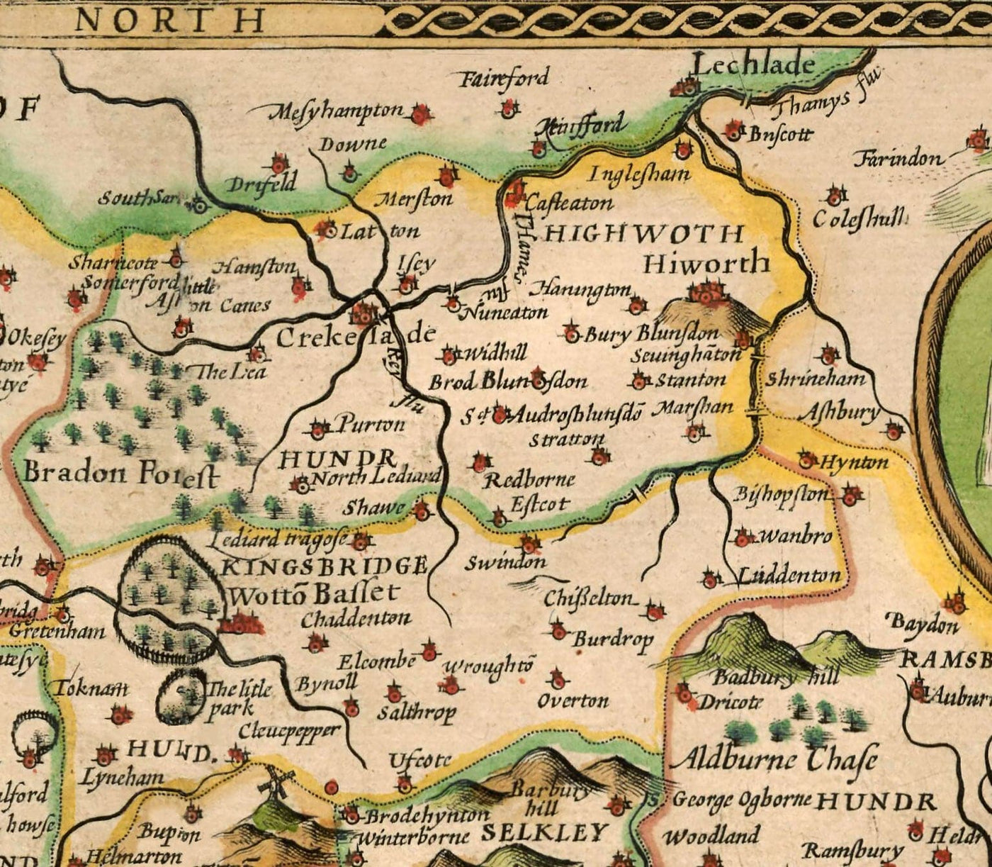 Ancienne carte de Wiltshire en 1611 par John Speed ​​- Salisbury, Stonehenge, Swindon, Trowbridge