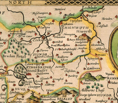 Ancienne carte de Wiltshire en 1611 par John Speed ​​- Salisbury, Stonehenge, Swindon, Trowbridge