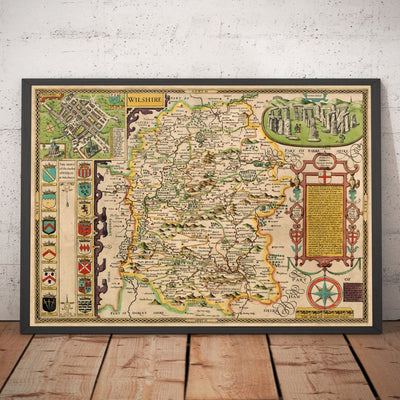 Ancienne carte de Wiltshire en 1611 par John Speed ​​- Salisbury, Stonehenge, Swindon, Trowbridge