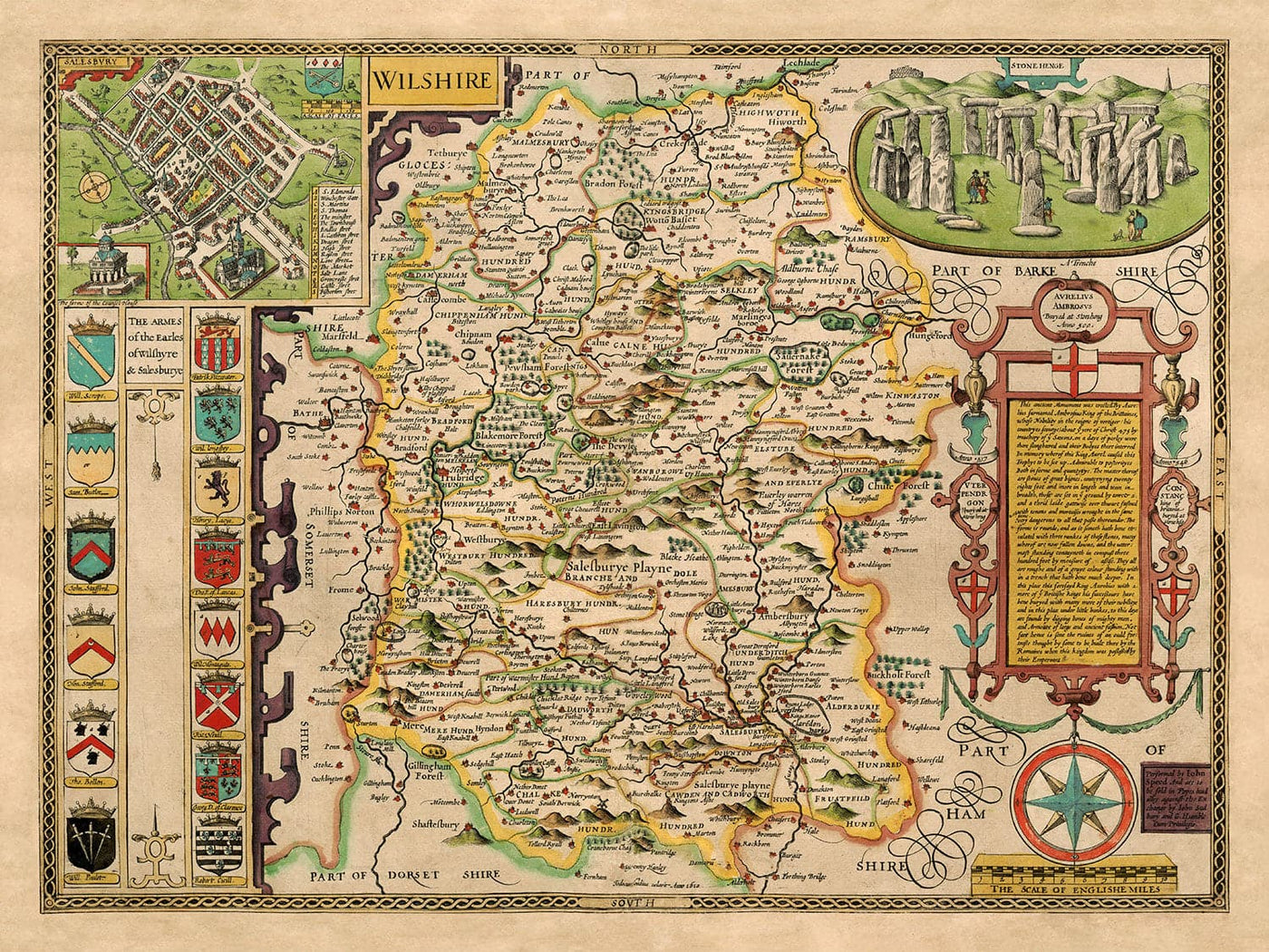 Ancienne carte de Wiltshire en 1611 par John Speed ​​- Salisbury, Stonehenge, Swindon, Trowbridge