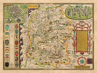 Ancienne carte de Wiltshire en 1611 par John Speed ​​- Salisbury, Stonehenge, Swindon, Trowbridge