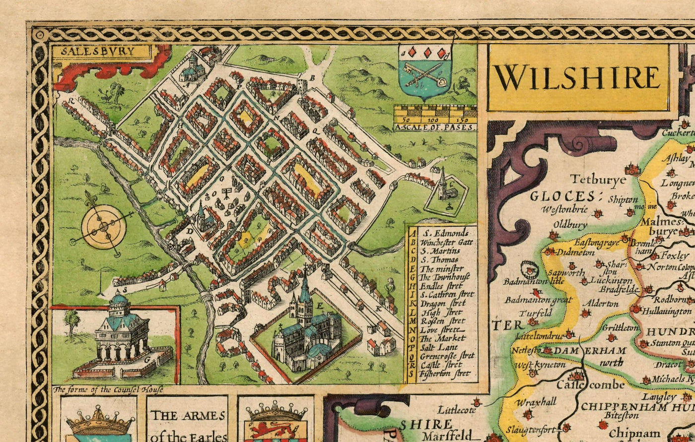 Ancienne carte de Wiltshire en 1611 par John Speed ​​- Salisbury, Stonehenge, Swindon, Trowbridge