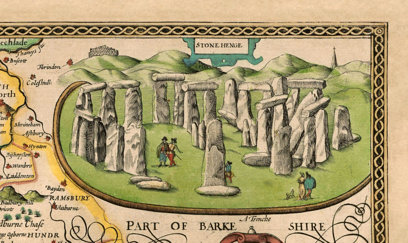 Ancienne carte de Wiltshire en 1611 par John Speed ​​- Salisbury, Stonehenge, Swindon, Trowbridge