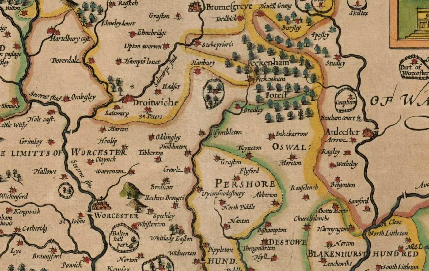 Old Map of Worcestershire in 1611 by John Speed - Worcester, Bromsgrove, Kidderminster, Malvern, Droitwich