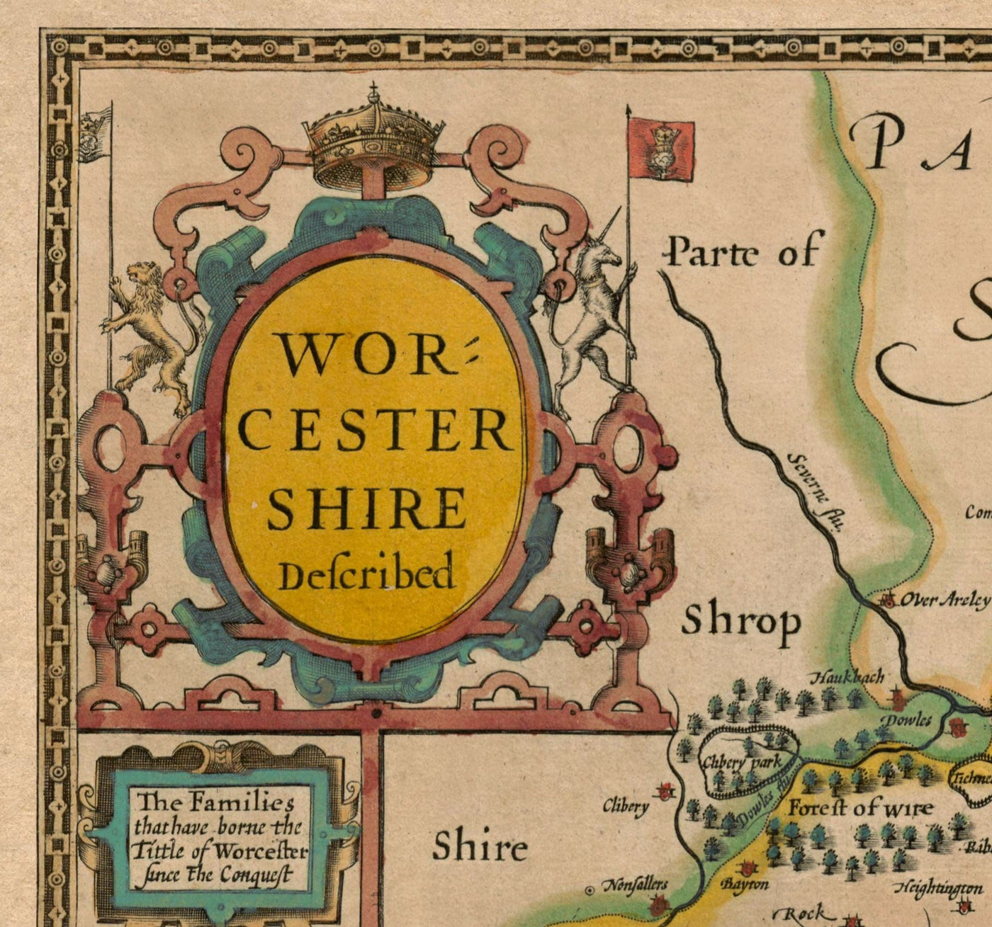 Old Map of Worcestershire in 1611 by John Speed - Worcester, Bromsgrove, Kidderminster, Malvern, Droitwich