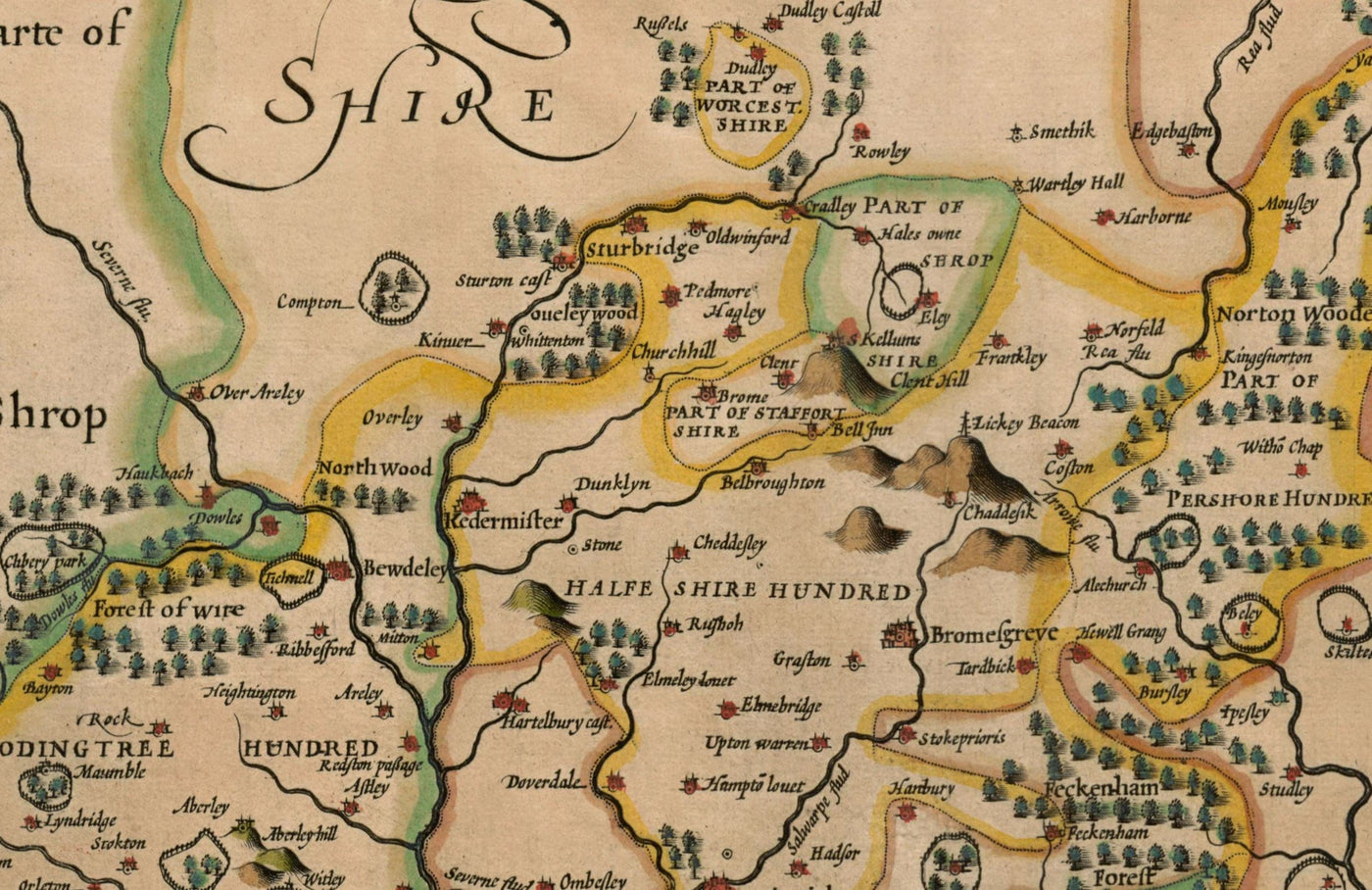 Old Map of Worcestershire in 1611 by John Speed - Worcester, Bromsgrove, Kidderminster, Malvern, Droitwich