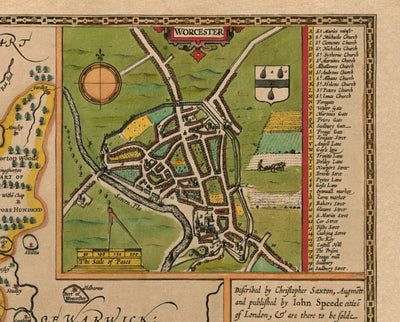 Old Map of Worcestershire in 1611 by John Speed - Worcester, Bromsgrove, Kidderminster, Malvern, Droitwich