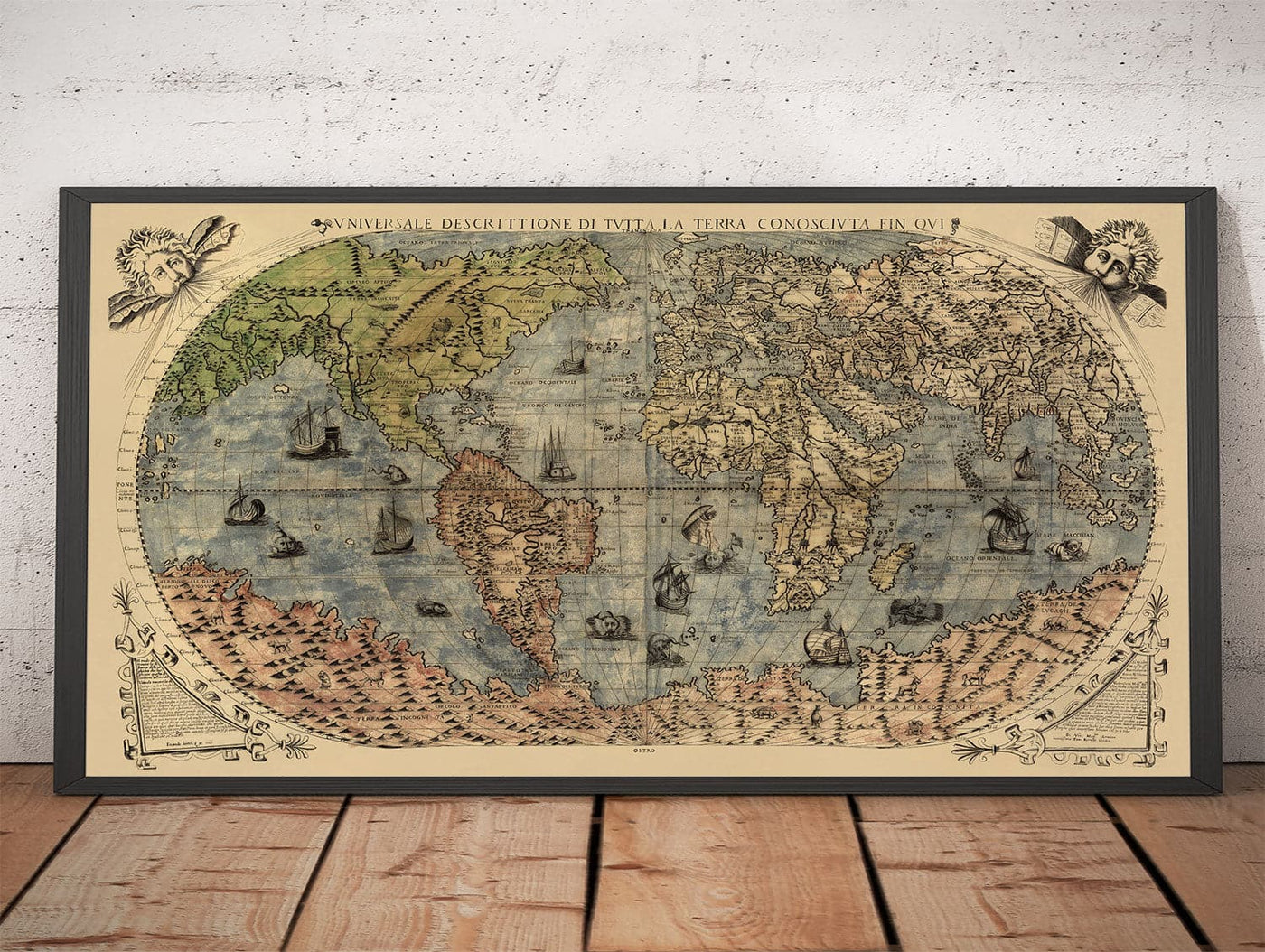 Old World Map, 1565 by Ferando Bertelli - Ancient Atlas Wall Chart - Terra Incognita, Cherubs, Australis