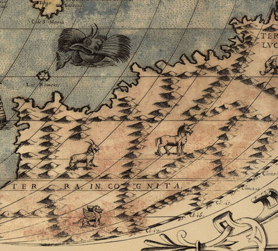 Old World Map, 1565 by Ferando Bertelli - Ancient Atlas Wall Chart - Terra Incognita, Cherubs, Australis