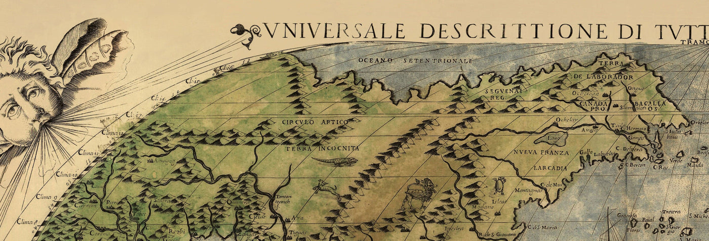 Old World Map, 1565 by Ferando Bertelli - Ancient Atlas Wall Chart - Terra Incognita, Cherubs, Australis