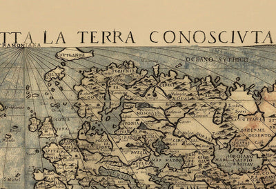 Old World Map, 1565 by Ferando Bertelli - Ancient Atlas Wall Chart - Terra Incognita, Cherubs, Australis