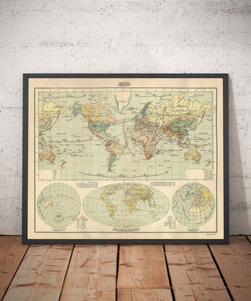 Old Arabic Map of the World by Hafiz Ali Esref in 1893 - America, Great Britain, Australia, Arabia, Morroco