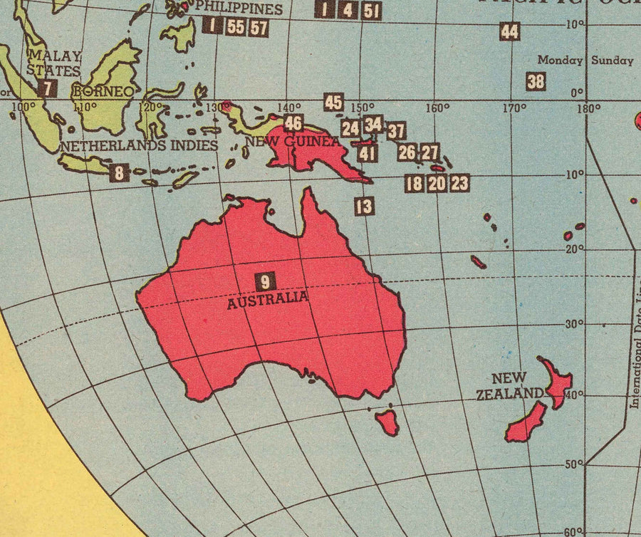 Ancienne carte de la Seconde Guerre mondiale, 1945 - "3 ans de guerre" par Edwin Sundberg - Alliés contre Axe - Participation des États-Unis à la Seconde Guerre mondiale