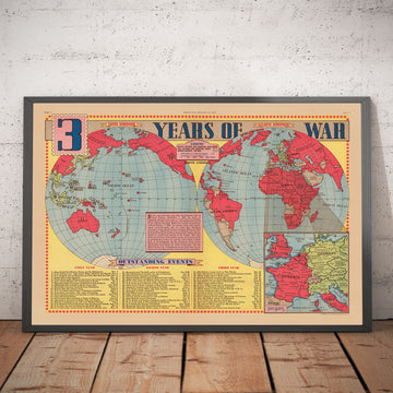 Antiguo mapa de la Segunda Guerra Mundial, 1945 - "3 años de guerra" de Edwin Sundberg - Aliados contra el Eje - Participación de EE.UU. en la Segunda Guerra Mundial