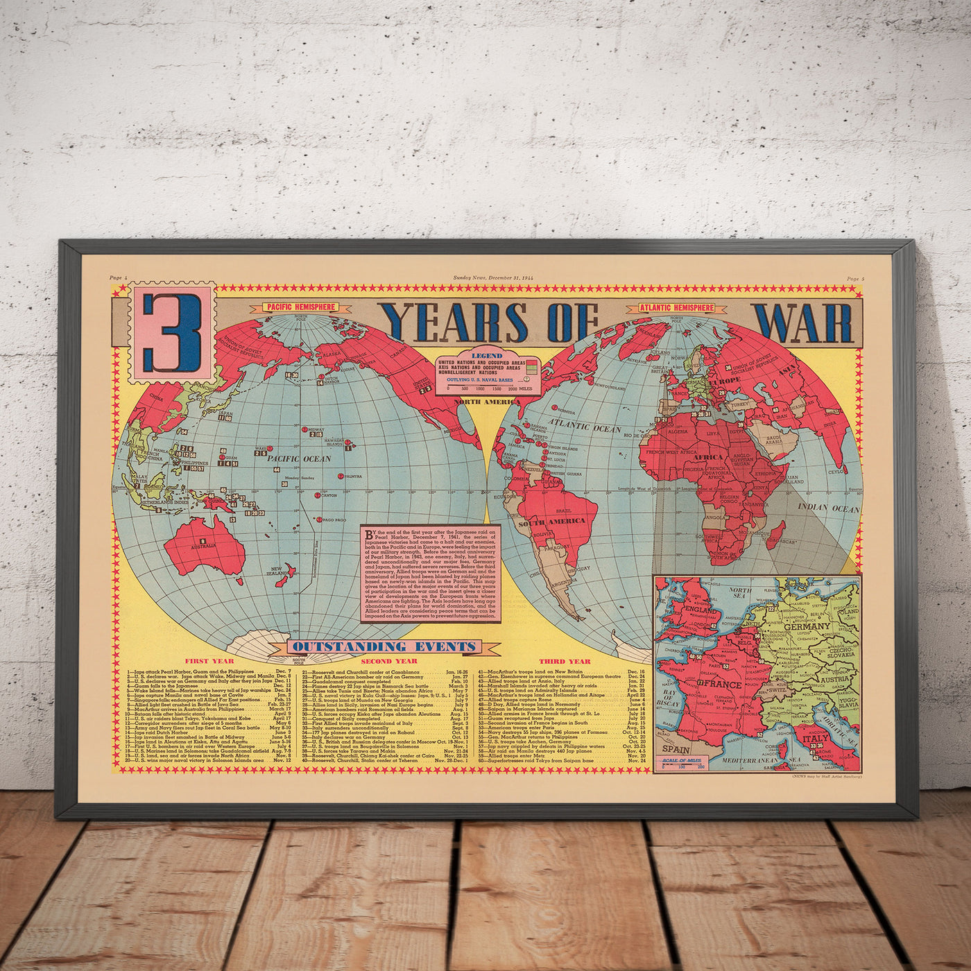 Ancienne carte de la Seconde Guerre mondiale, 1945 - "3 ans de guerre" par Edwin Sundberg - Alliés contre Axe - Participation des États-Unis à la Seconde Guerre mondiale