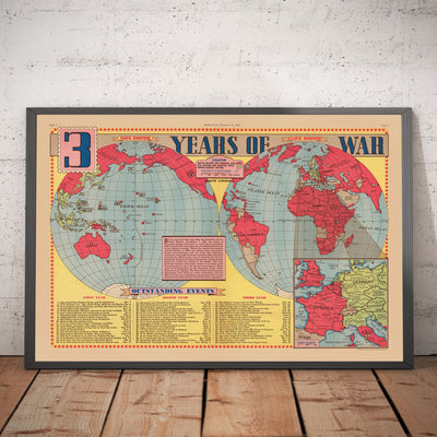 Ancienne carte de la Seconde Guerre mondiale, 1945 - "3 ans de guerre" par Edwin Sundberg - Alliés contre Axe - Participation des États-Unis à la Seconde Guerre mondiale