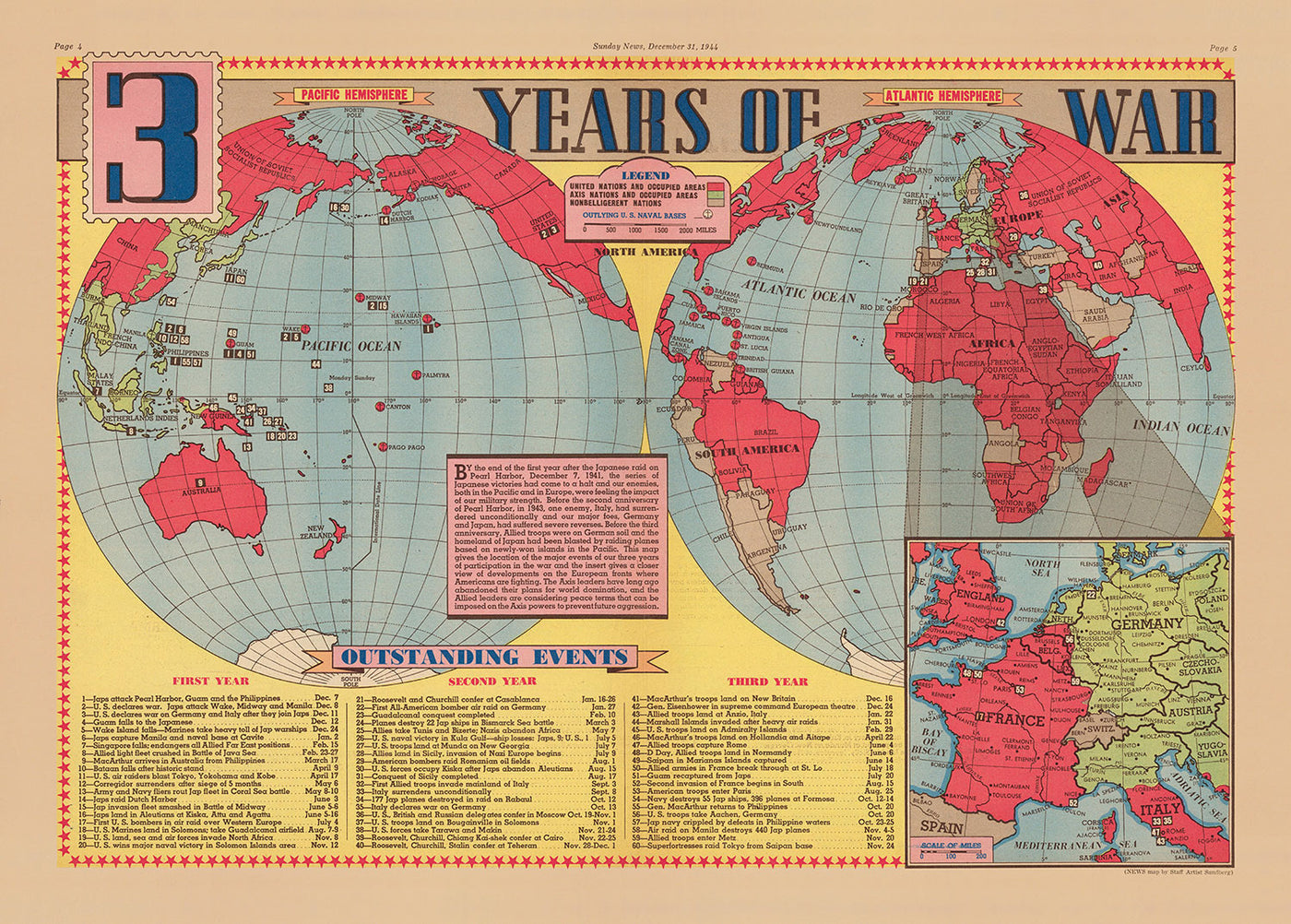 Ancienne carte de la Seconde Guerre mondiale, 1945 - "3 ans de guerre" par Edwin Sundberg - Alliés contre Axe - Participation des États-Unis à la Seconde Guerre mondiale