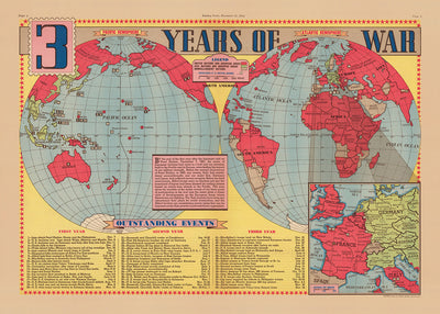 Ancienne carte de la Seconde Guerre mondiale, 1945 - "3 ans de guerre" par Edwin Sundberg - Alliés contre Axe - Participation des États-Unis à la Seconde Guerre mondiale