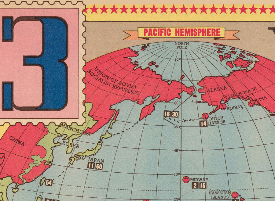 Ancienne carte de la Seconde Guerre mondiale, 1945 - "3 ans de guerre" par Edwin Sundberg - Alliés contre Axe - Participation des États-Unis à la Seconde Guerre mondiale
