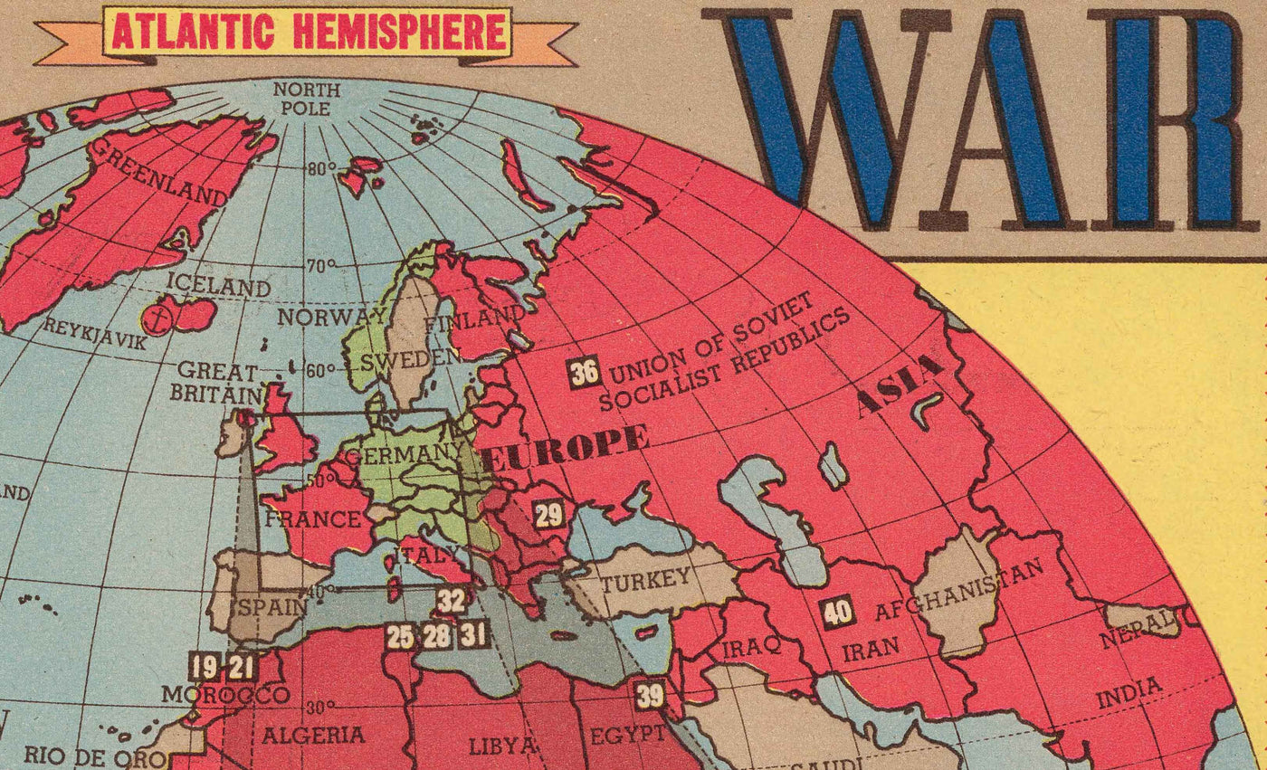 Ancienne carte de la Seconde Guerre mondiale, 1945 - "3 ans de guerre" par Edwin Sundberg - Alliés contre Axe - Participation des États-Unis à la Seconde Guerre mondiale