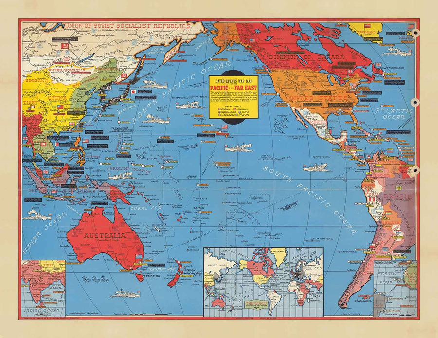 Old World War 2 Map of the Pacific and Far East in 1942 by Stanley Turner - "Dated Events" Japan, USA, Britain, Pacific, USSR