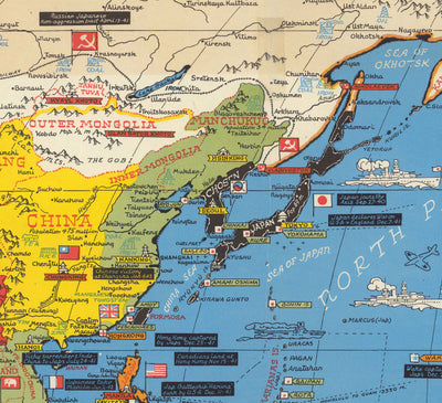 Alte Weltkrieg 2 Karte des Pazifiks und Fernen Ostens im Jahr 1942 von Stanley Turner - "Datierte Ereignisse" Japan, USA, Großbritannien, Pazifik, UdSSR 
