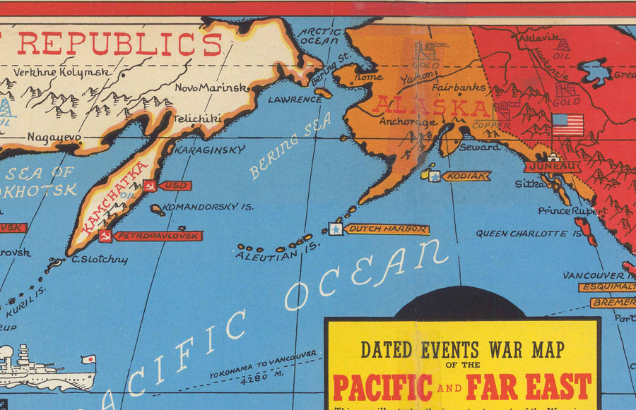 Old World War 2 Map of the Pacific and Far East in 1942 by Stanley Turner - "Dated Events" Japan, USA, Britain, Pacific, USSR