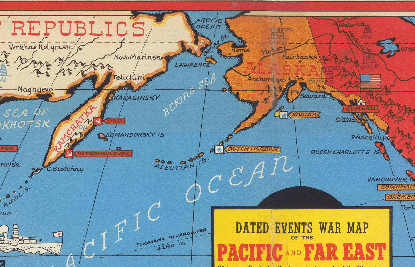 Alte Weltkrieg 2 Karte des Pazifiks und Fernen Ostens im Jahr 1942 von Stanley Turner - "Datierte Ereignisse" Japan, USA, Großbritannien, Pazifik, UdSSR 